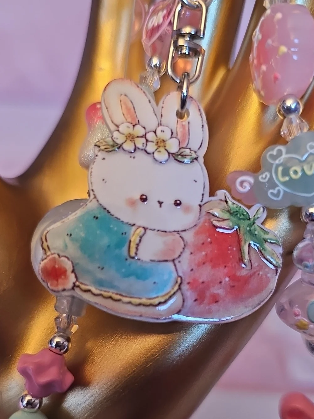 CHARMS: Pink Bunny and Strawberry Kids Keychain Charm